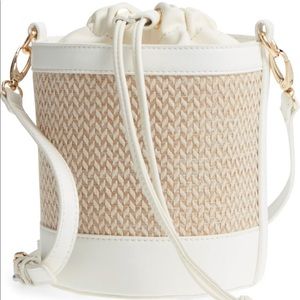 LEITH Woven Straw & Faux Leather Bucket Crossbody